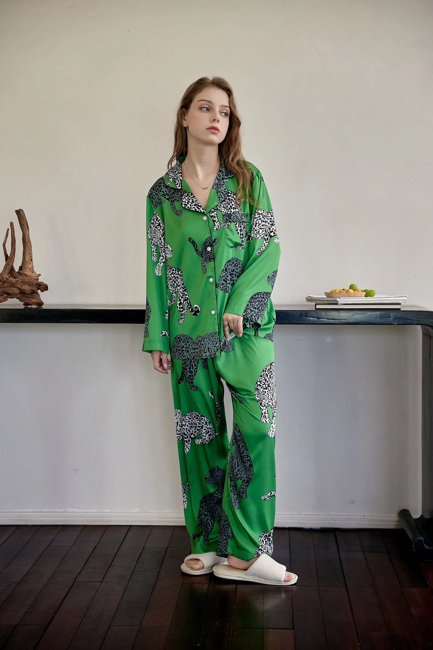Green Leopard Printed Women Sleepwear Silk - Authentifactor