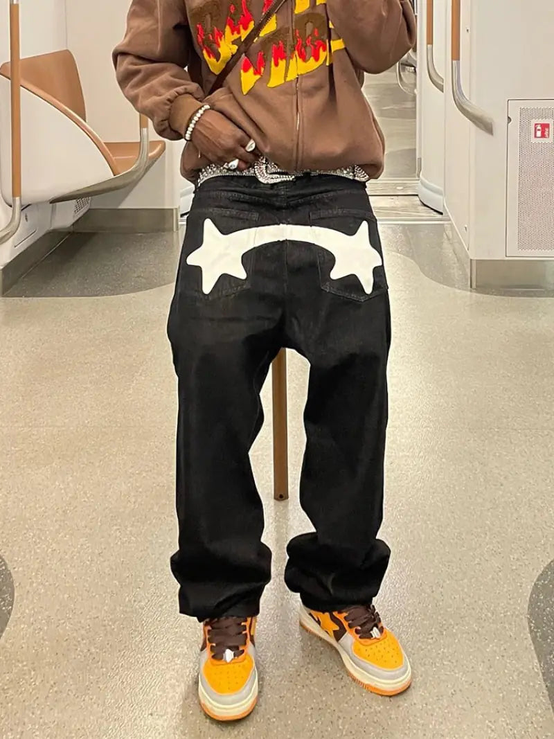 Black Star-Printed Hip Hop Jeans - Authentifactor