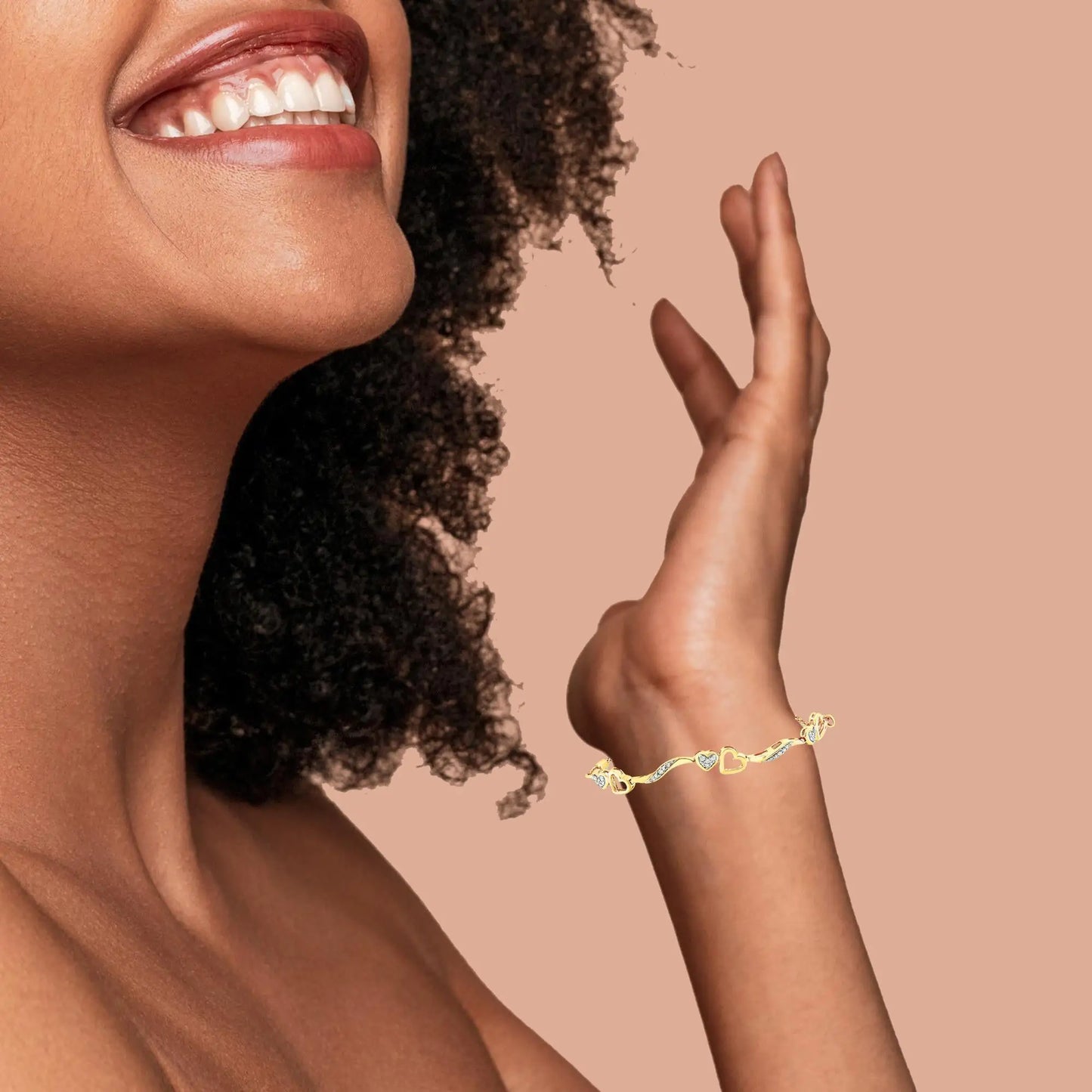 14K Yellow Gold Plated .925 Sterling Silver 1/10 Cttw Diamond Wave and Hearts 4”-10” Adjustable Bolo Bracelet (I-J Color, I3 Clarity) - Authentifactor
