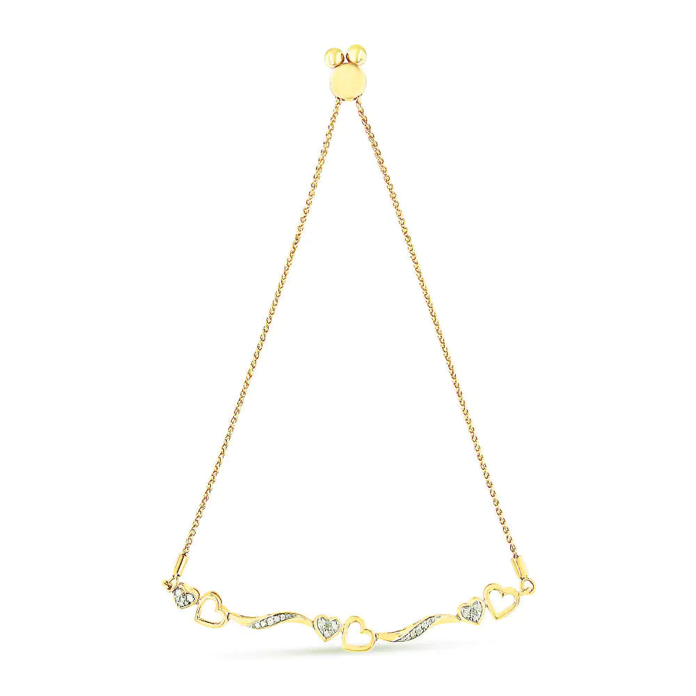 14K Yellow Gold Plated .925 Sterling Silver 1/10 Cttw Diamond Wave and Hearts 4”-10” Adjustable Bolo Bracelet (I-J Color, I3 Clarity) - Authentifactor