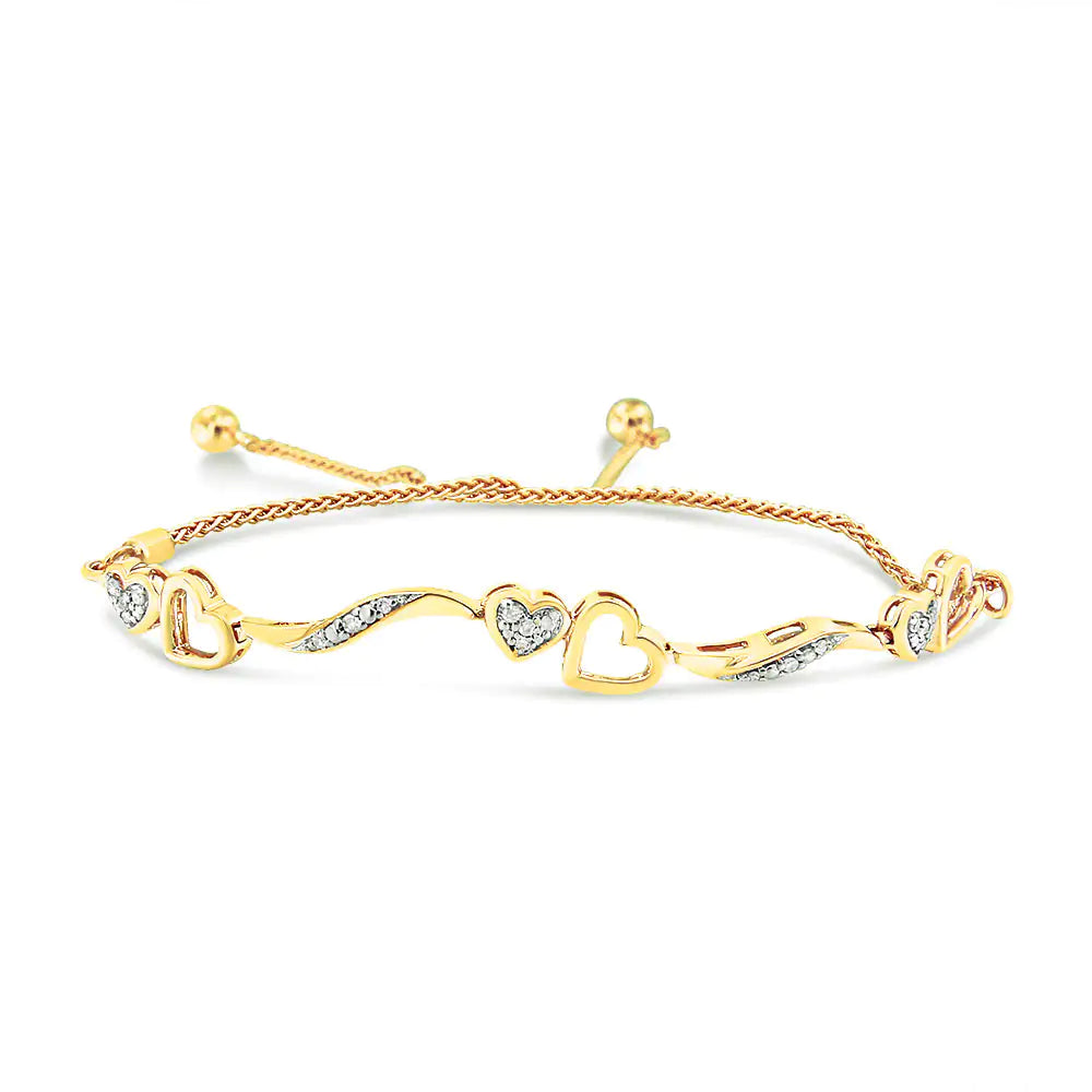 14K Yellow Gold Plated .925 Sterling Silver 1/10 Cttw Diamond Wave and Hearts 4”-10” Adjustable Bolo Bracelet (I-J Color, I3 Clarity) - Authentifactor