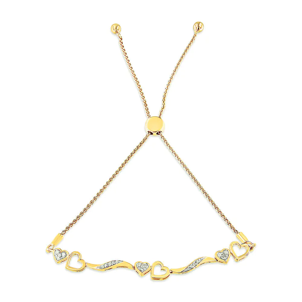 14K Yellow Gold Plated .925 Sterling Silver 1/10 Cttw Diamond Wave and Hearts 4”-10” Adjustable Bolo Bracelet (I-J Color, I3 Clarity) - Authentifactor