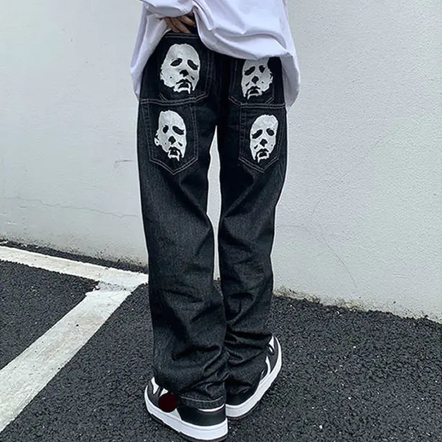 Y2K Cutting Edge Men Fashion Black Streetwear Casual Skull Straight - Authentifactor