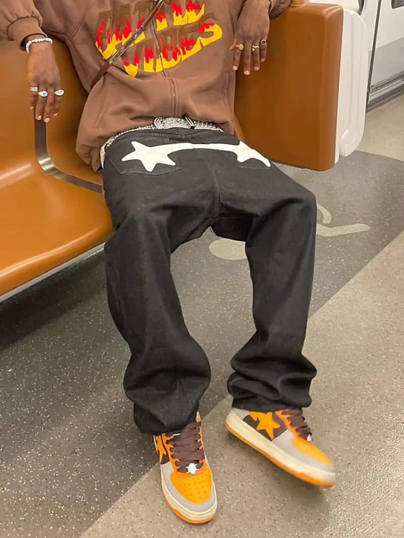 Black Star-Printed Hip Hop Jeans - Authentifactor