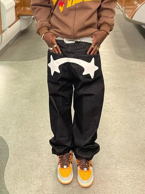 Black Star-Printed Hip Hop Jeans - Authentifactor