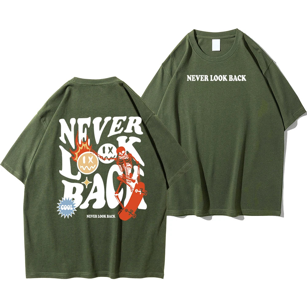 "Never Look Back: Trendy Skull Print Cartoon Tee - Stylish Cotton Crewneck for Men"