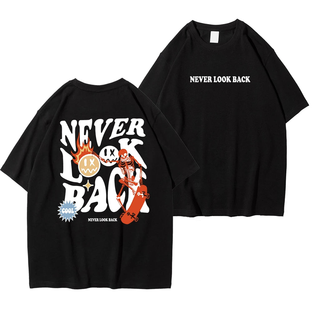 "Never Look Back: Trendy Skull Print Cartoon Tee - Stylish Cotton Crewneck for Men"