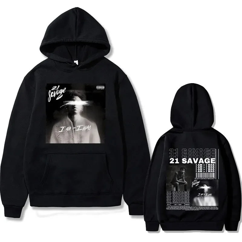 Rapper 21 Savage I Am I Was Music Album Graphics Hoodie Men Hip Hop Vintage Oversized Sweatshirts Male Fleece Hoodies Streetwear