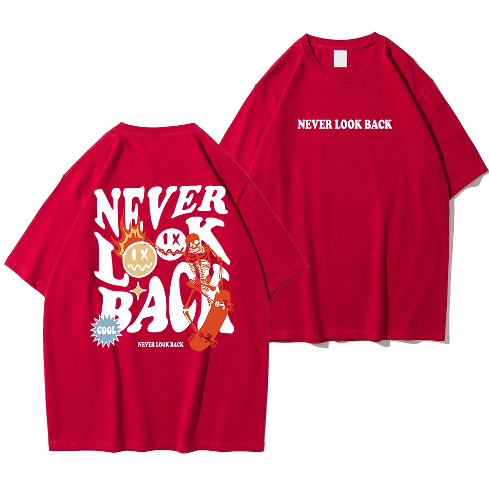 "Never Look Back: Trendy Skull Print Cartoon Tee - Stylish Cotton Crewneck for Men"