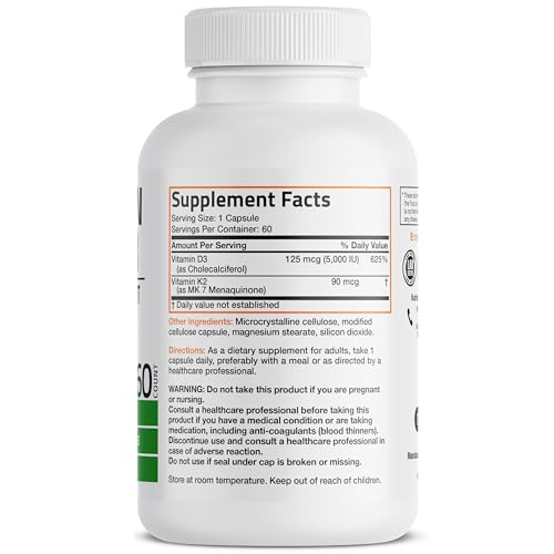 Bronson's Vitamin K2 (MK7) and D3 Supplement: Elevate your health and wellness with  Non-GMO Formula, providing 5000 IU of Vitamin D3 & 90 mcg of Vitamin K2 MK-7. Experience an easy-to-swallow Vitamin D & K complex in 120 capsules.