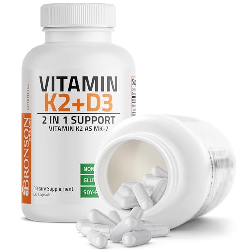 Bronson's Vitamin K2 (MK7) and D3 Supplement: Elevate your health and wellness with  Non-GMO Formula, providing 5000 IU of Vitamin D3 & 90 mcg of Vitamin K2 MK-7. Experience an easy-to-swallow Vitamin D & K complex in 120 capsules.