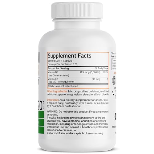 Bronson's Vitamin K2 (MK7) and D3 Supplement: Elevate your health and wellness with  Non-GMO Formula, providing 5000 IU of Vitamin D3 & 90 mcg of Vitamin K2 MK-7. Experience an easy-to-swallow Vitamin D & K complex in 120 capsules.