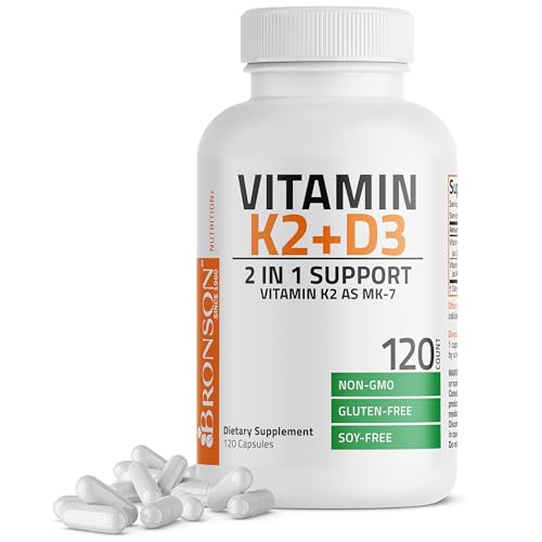 Bronson's Vitamin K2 (MK7) and D3 Supplement: Elevate your health and wellness with  Non-GMO Formula, providing 5000 IU of Vitamin D3 & 90 mcg of Vitamin K2 MK-7. Experience an easy-to-swallow Vitamin D & K complex in 120 capsules.