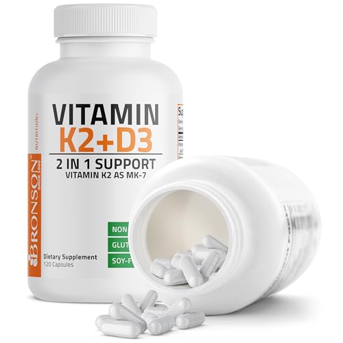 Bronson's Vitamin K2 (MK7) and D3 Supplement: Elevate your health and wellness with  Non-GMO Formula, providing 5000 IU of Vitamin D3 & 90 mcg of Vitamin K2 MK-7. Experience an easy-to-swallow Vitamin D & K complex in 120 capsules.