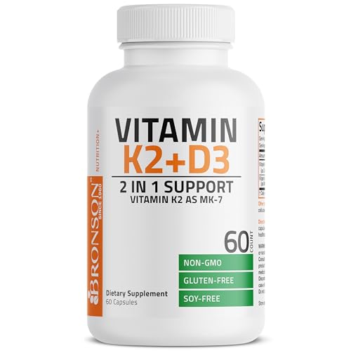 Bronson's Vitamin K2 (MK7) and D3 Supplement: Elevate your health and wellness with  Non-GMO Formula, providing 5000 IU of Vitamin D3 & 90 mcg of Vitamin K2 MK-7. Experience an easy-to-swallow Vitamin D & K complex in 120 capsules.