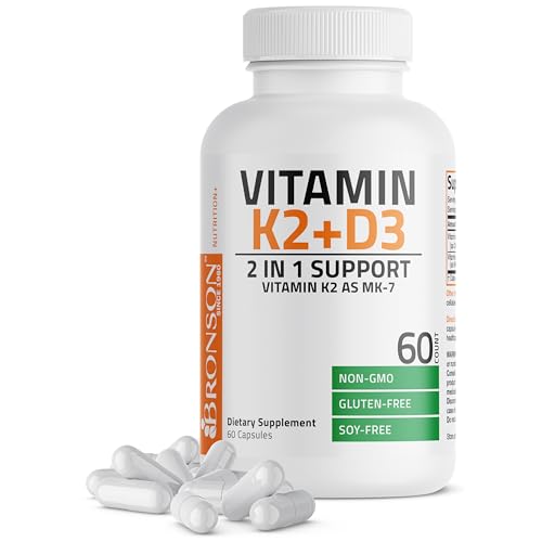 Bronson's Vitamin K2 (MK7) and D3 Supplement: Elevate your health and wellness with  Non-GMO Formula, providing 5000 IU of Vitamin D3 & 90 mcg of Vitamin K2 MK-7. Experience an easy-to-swallow Vitamin D & K complex in 120 capsules.