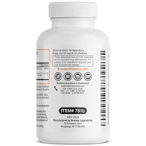 Bronson's Vitamin K2 (MK7) and D3 Supplement: Elevate your health and wellness with  Non-GMO Formula, providing 5000 IU of Vitamin D3 & 90 mcg of Vitamin K2 MK-7. Experience an easy-to-swallow Vitamin D & K complex in 120 capsules.