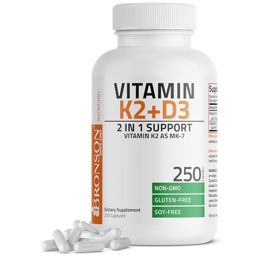 Bronson's Vitamin K2 (MK7) and D3 Supplement: Elevate your health and wellness with  Non-GMO Formula, providing 5000 IU of Vitamin D3 & 90 mcg of Vitamin K2 MK-7. Experience an easy-to-swallow Vitamin D & K complex in 120 capsules.