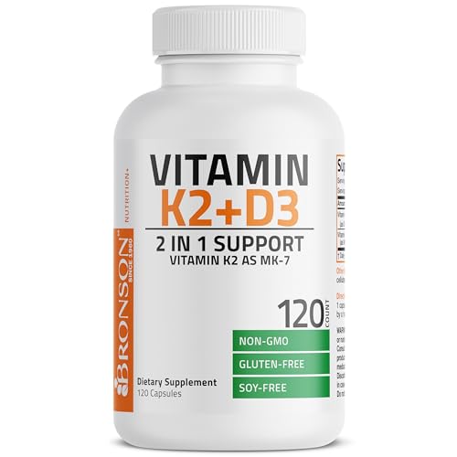 Bronson's Vitamin K2 (MK7) and D3 Supplement: Elevate your health and wellness with  Non-GMO Formula, providing 5000 IU of Vitamin D3 & 90 mcg of Vitamin K2 MK-7. Experience an easy-to-swallow Vitamin D & K complex in 120 capsules.