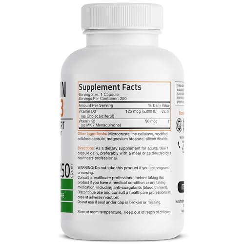 Bronson's Vitamin K2 (MK7) and D3 Supplement: Elevate your health and wellness with  Non-GMO Formula, providing 5000 IU of Vitamin D3 & 90 mcg of Vitamin K2 MK-7. Experience an easy-to-swallow Vitamin D & K complex in 120 capsules.