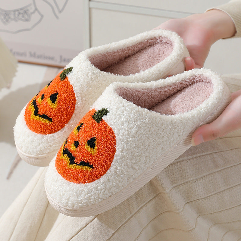 "Cozy Cartoon Pumpkin Slippers for Couples - Perfect Warm Indoor House Shoes for Halloween!"