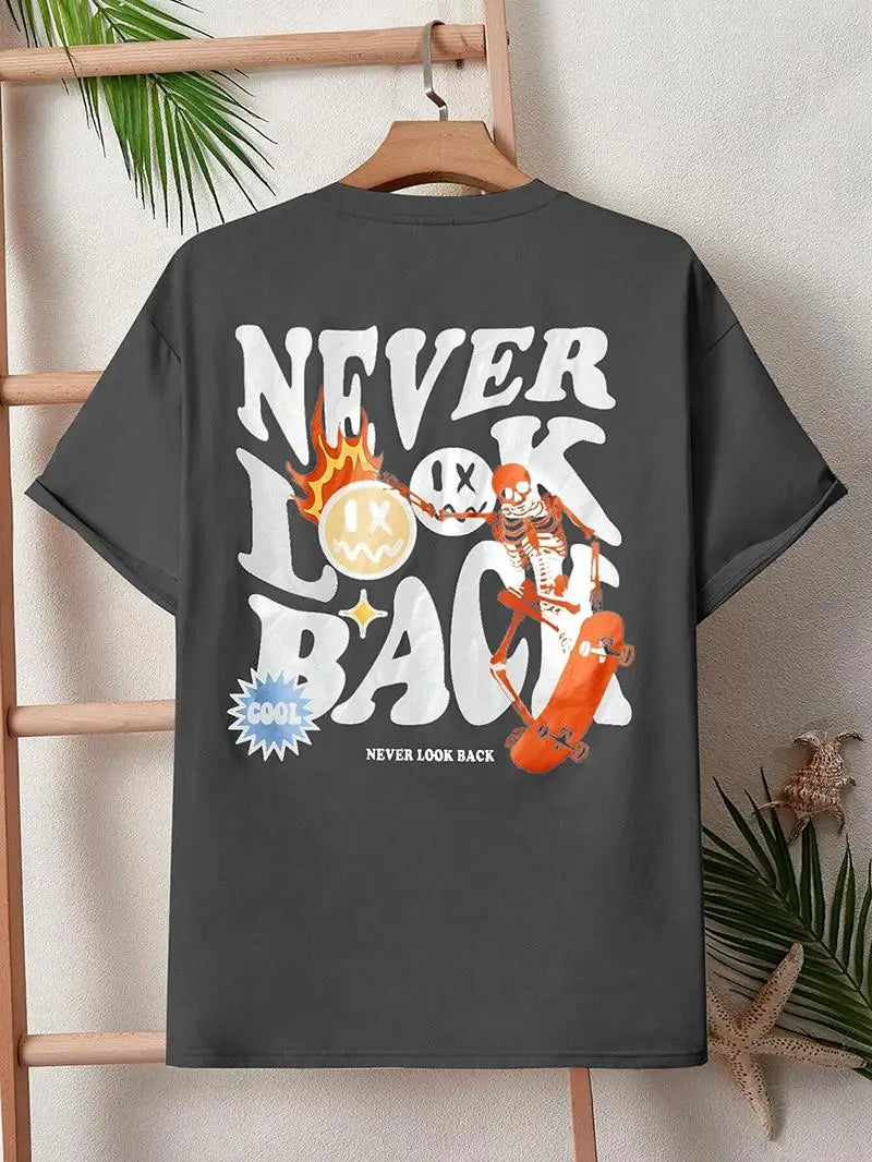 "Never Look Back: Trendy Skull Print Cartoon Tee - Stylish Cotton Crewneck for Men"