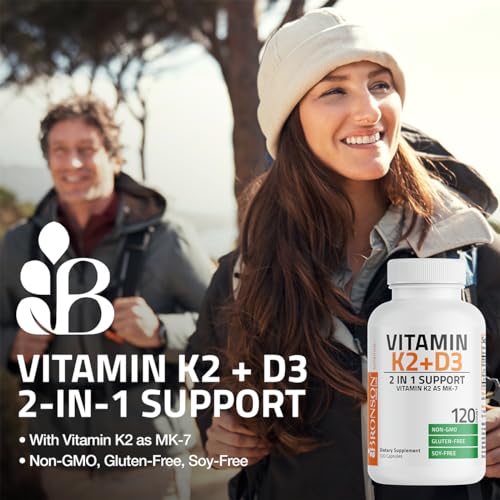 Bronson's Vitamin K2 (MK7) and D3 Supplement: Elevate your health and wellness with  Non-GMO Formula, providing 5000 IU of Vitamin D3 & 90 mcg of Vitamin K2 MK-7. Experience an easy-to-swallow Vitamin D & K complex in 120 capsules.