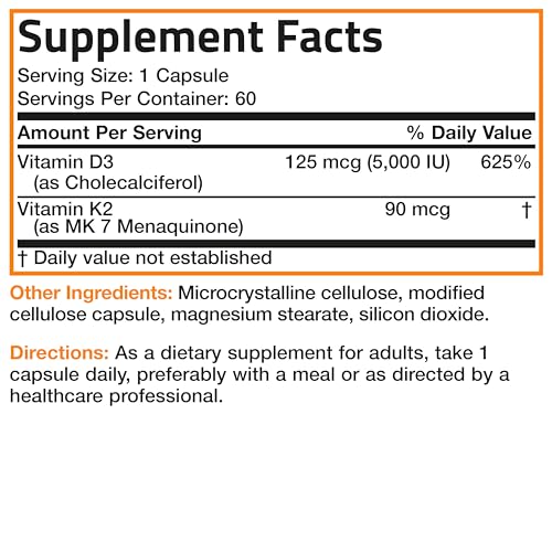 Bronson's Vitamin K2 (MK7) and D3 Supplement: Elevate your health and wellness with  Non-GMO Formula, providing 5000 IU of Vitamin D3 & 90 mcg of Vitamin K2 MK-7. Experience an easy-to-swallow Vitamin D & K complex in 120 capsules.