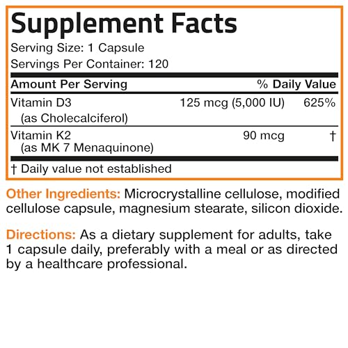 Bronson's Vitamin K2 (MK7) and D3 Supplement: Elevate your health and wellness with  Non-GMO Formula, providing 5000 IU of Vitamin D3 & 90 mcg of Vitamin K2 MK-7. Experience an easy-to-swallow Vitamin D & K complex in 120 capsules.