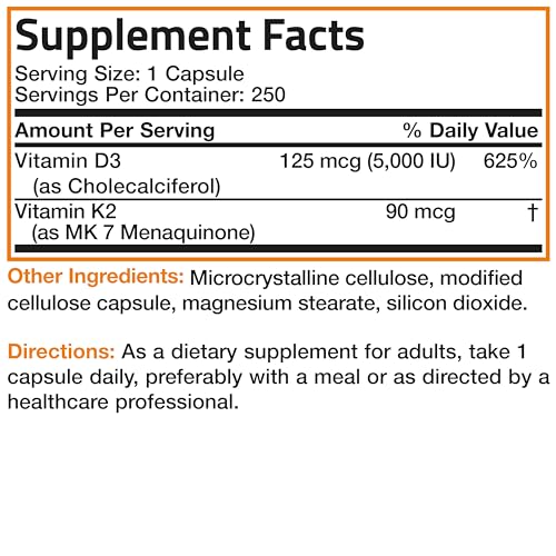 Bronson's Vitamin K2 (MK7) and D3 Supplement: Elevate your health and wellness with  Non-GMO Formula, providing 5000 IU of Vitamin D3 & 90 mcg of Vitamin K2 MK-7. Experience an easy-to-swallow Vitamin D & K complex in 120 capsules.