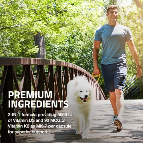 Bronson's Vitamin K2 (MK7) and D3 Supplement: Elevate your health and wellness with  Non-GMO Formula, providing 5000 IU of Vitamin D3 & 90 mcg of Vitamin K2 MK-7. Experience an easy-to-swallow Vitamin D & K complex in 120 capsules.