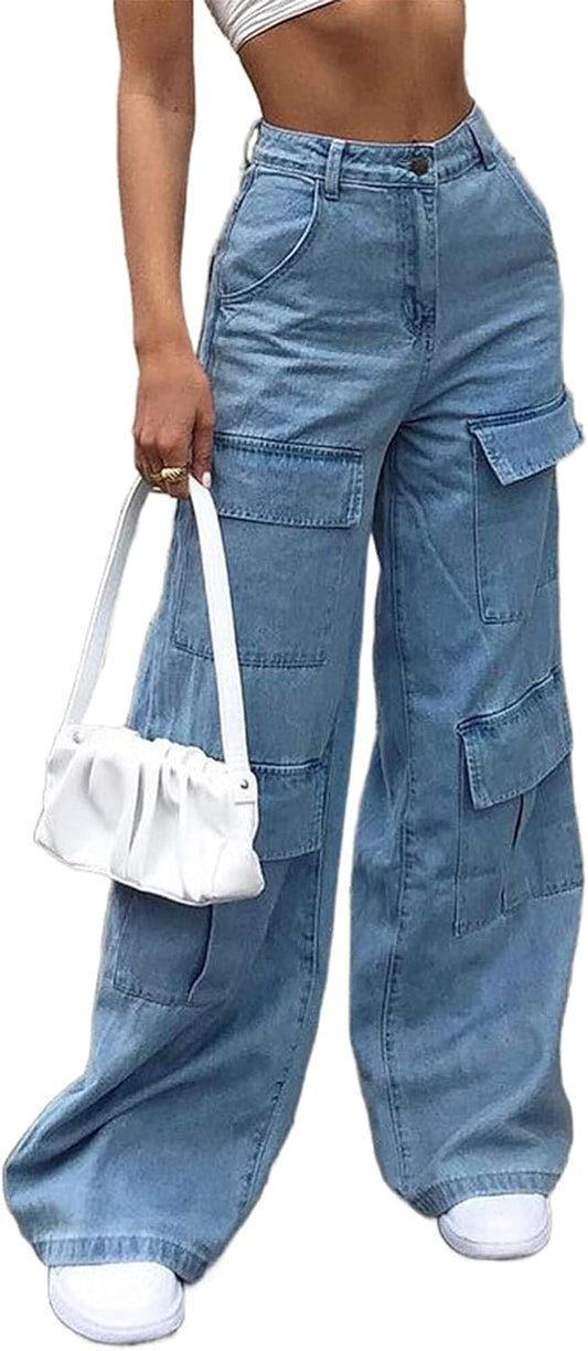 Women Fashion Denim Pants High Waist Straight Leg Baggy E-Girls Boyfriend Jeans Trousers Streetwear