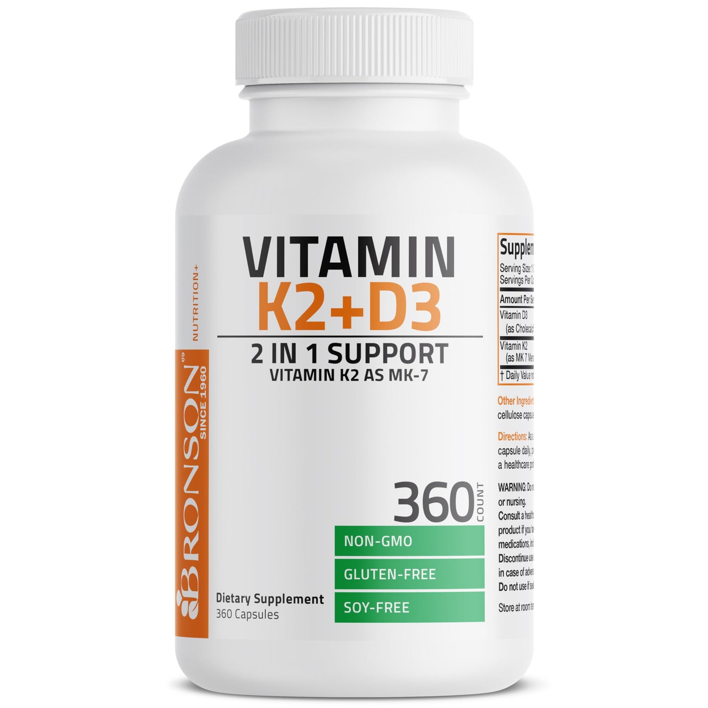 Bronson's Vitamin K2 (MK7) and D3 Supplement: Elevate your health and wellness with  Non-GMO Formula, providing 5000 IU of Vitamin D3 & 90 mcg of Vitamin K2 MK-7. Experience an easy-to-swallow Vitamin D & K complex in 120 capsules.