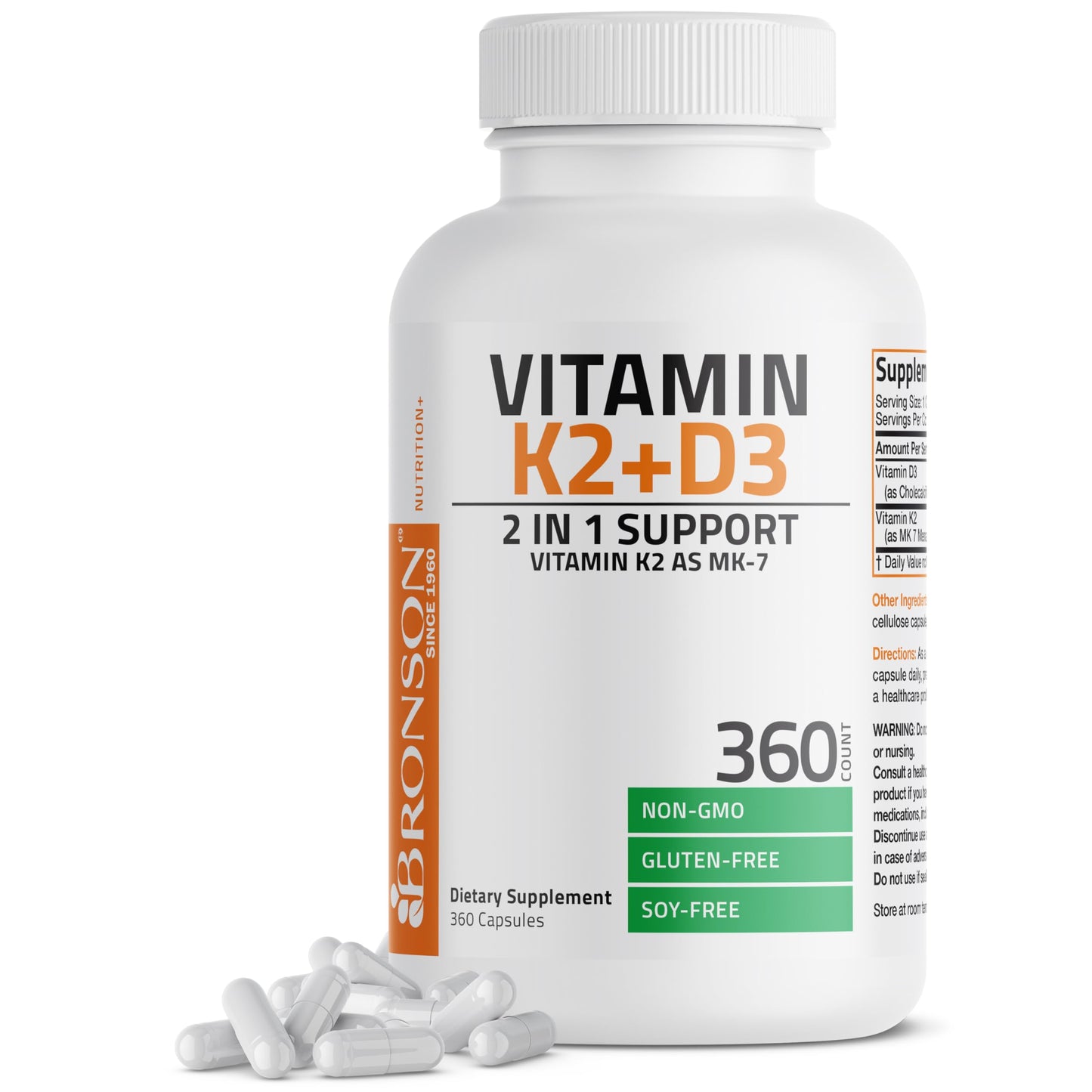 Bronson's Vitamin K2 (MK7) and D3 Supplement: Elevate your health and wellness with  Non-GMO Formula, providing 5000 IU of Vitamin D3 & 90 mcg of Vitamin K2 MK-7. Experience an easy-to-swallow Vitamin D & K complex in 120 capsules.