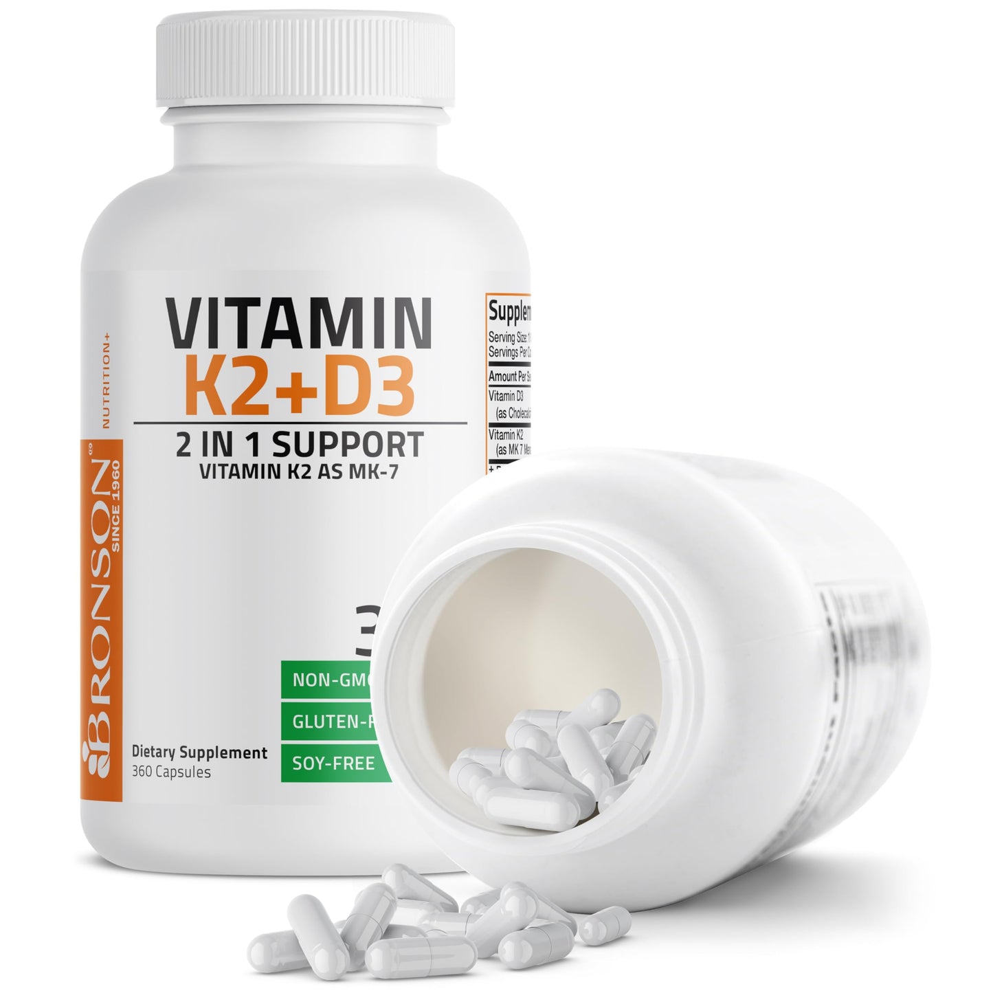 Bronson's Vitamin K2 (MK7) and D3 Supplement: Elevate your health and wellness with  Non-GMO Formula, providing 5000 IU of Vitamin D3 & 90 mcg of Vitamin K2 MK-7. Experience an easy-to-swallow Vitamin D & K complex in 120 capsules.