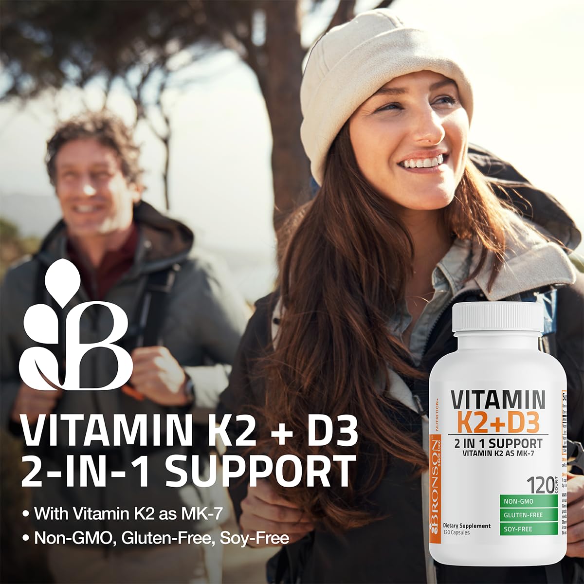 Bronson's Vitamin K2 (MK7) and D3 Supplement: Elevate your health and wellness with  Non-GMO Formula, providing 5000 IU of Vitamin D3 & 90 mcg of Vitamin K2 MK-7. Experience an easy-to-swallow Vitamin D & K complex in 120 capsules.