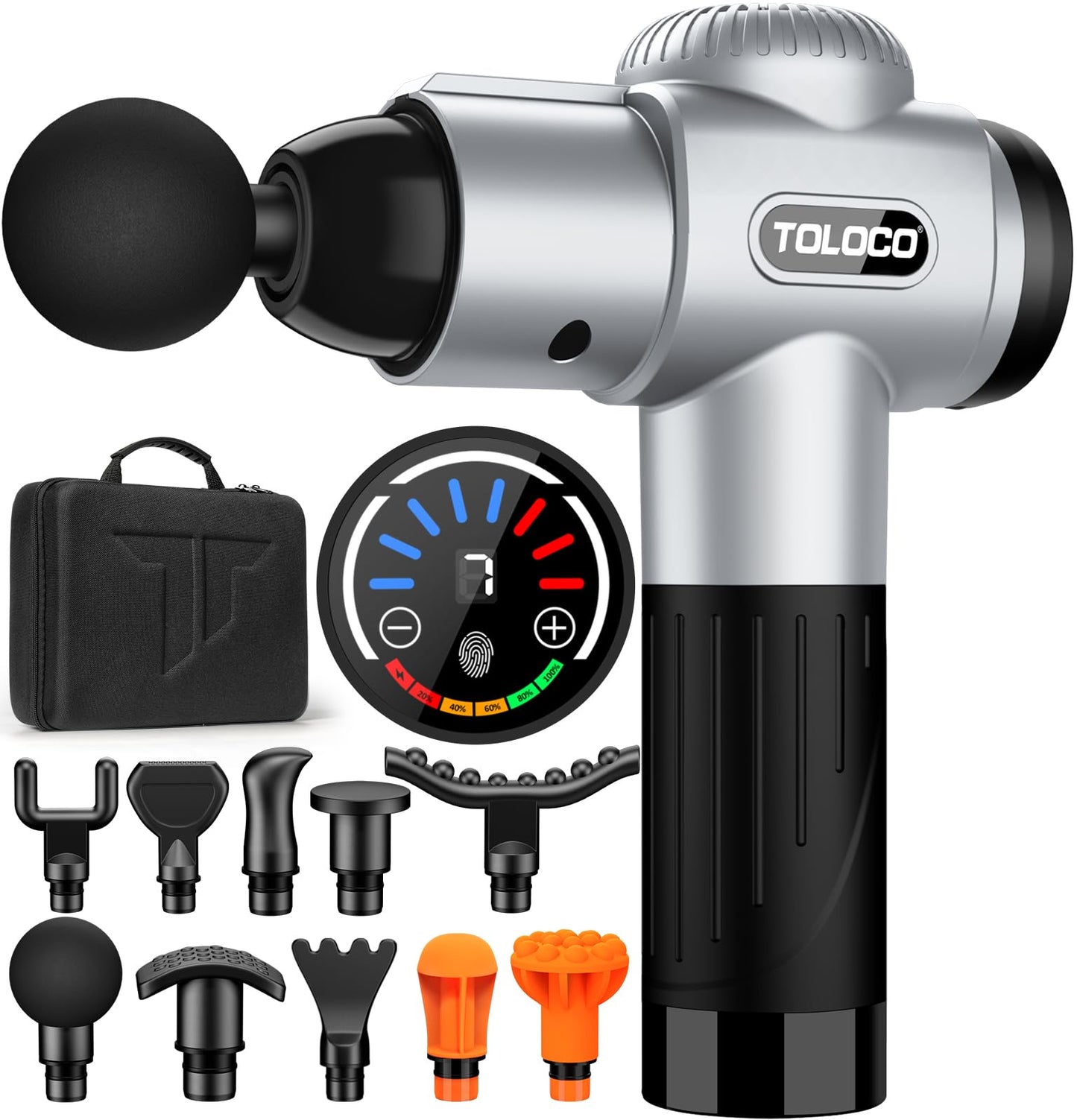 TOLOCO Massage Gun, Muscle Massage Gun Deep Tissue for Athletes with 10 Massage Heads, Electric Percussion Massager for Any Pain Relief, Silver