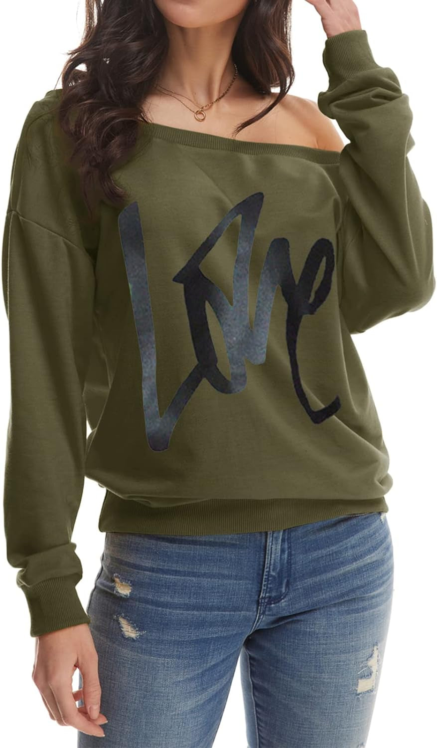 Womens Oversized Sweatshirt Love Letter Printed off Shoulder Sweatshirt Loose Slouchy Pullover Tops(Army Green,M)