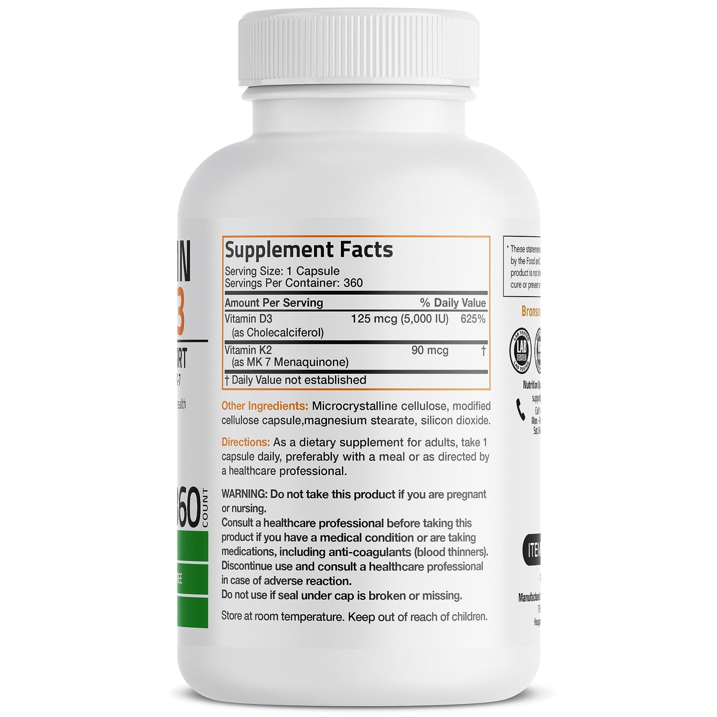 Bronson's Vitamin K2 (MK7) and D3 Supplement: Elevate your health and wellness with  Non-GMO Formula, providing 5000 IU of Vitamin D3 & 90 mcg of Vitamin K2 MK-7. Experience an easy-to-swallow Vitamin D & K complex in 120 capsules.