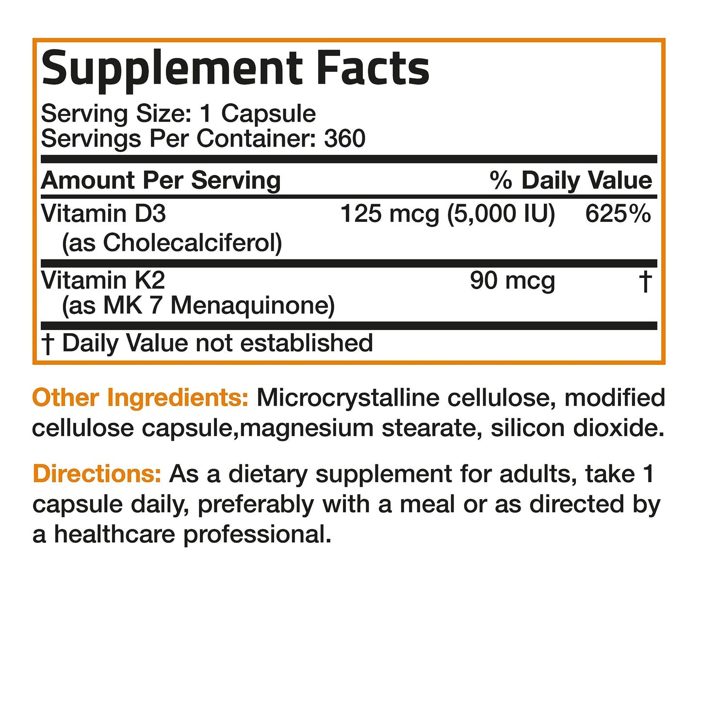 Bronson's Vitamin K2 (MK7) and D3 Supplement: Elevate your health and wellness with  Non-GMO Formula, providing 5000 IU of Vitamin D3 & 90 mcg of Vitamin K2 MK-7. Experience an easy-to-swallow Vitamin D & K complex in 120 capsules.