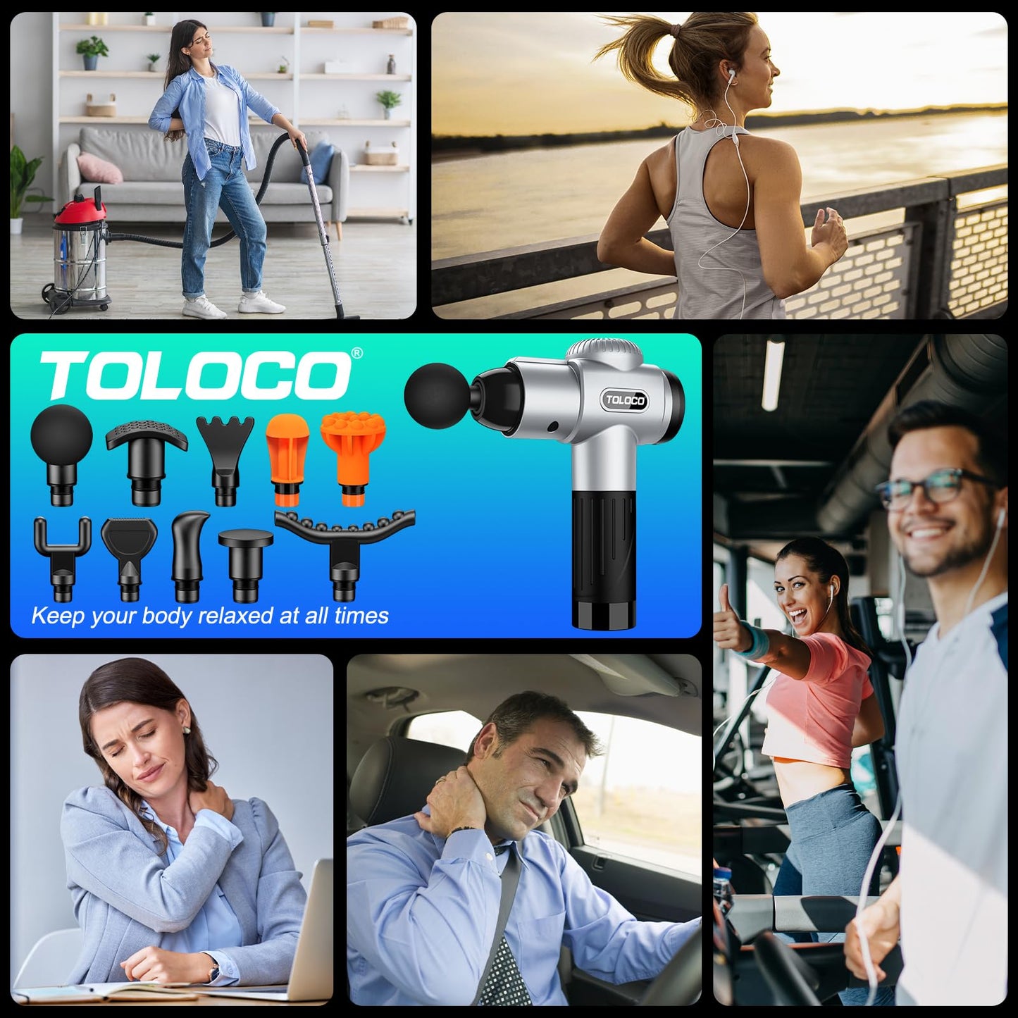 TOLOCO Massage Gun, Muscle Massage Gun Deep Tissue for Athletes with 10 Massage Heads, Electric Percussion Massager for Any Pain Relief, Silver