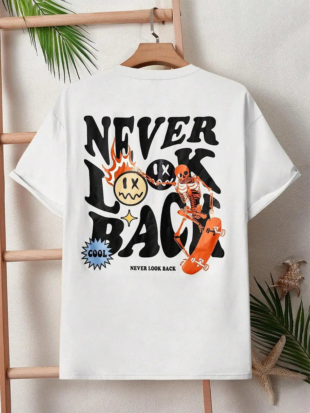 "Never Look Back: Trendy Skull Print Cartoon Tee - Stylish Cotton Crewneck for Men"