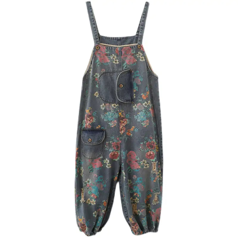 Retro Printed Denim Loose-Fitting Overall