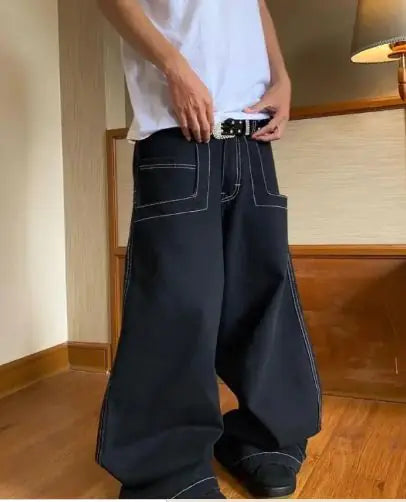 Cropped Big A- Line Pants Men's Street Retro Straight Wide Leg Casual Jeans - Authentifactor