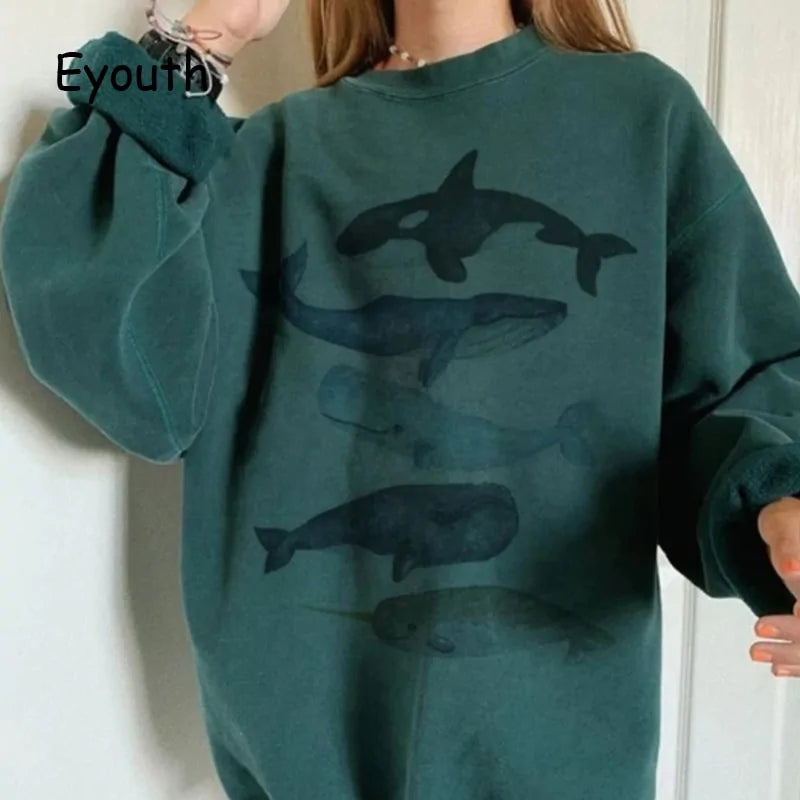 HipHop Ocean Whale Printed Hoodies