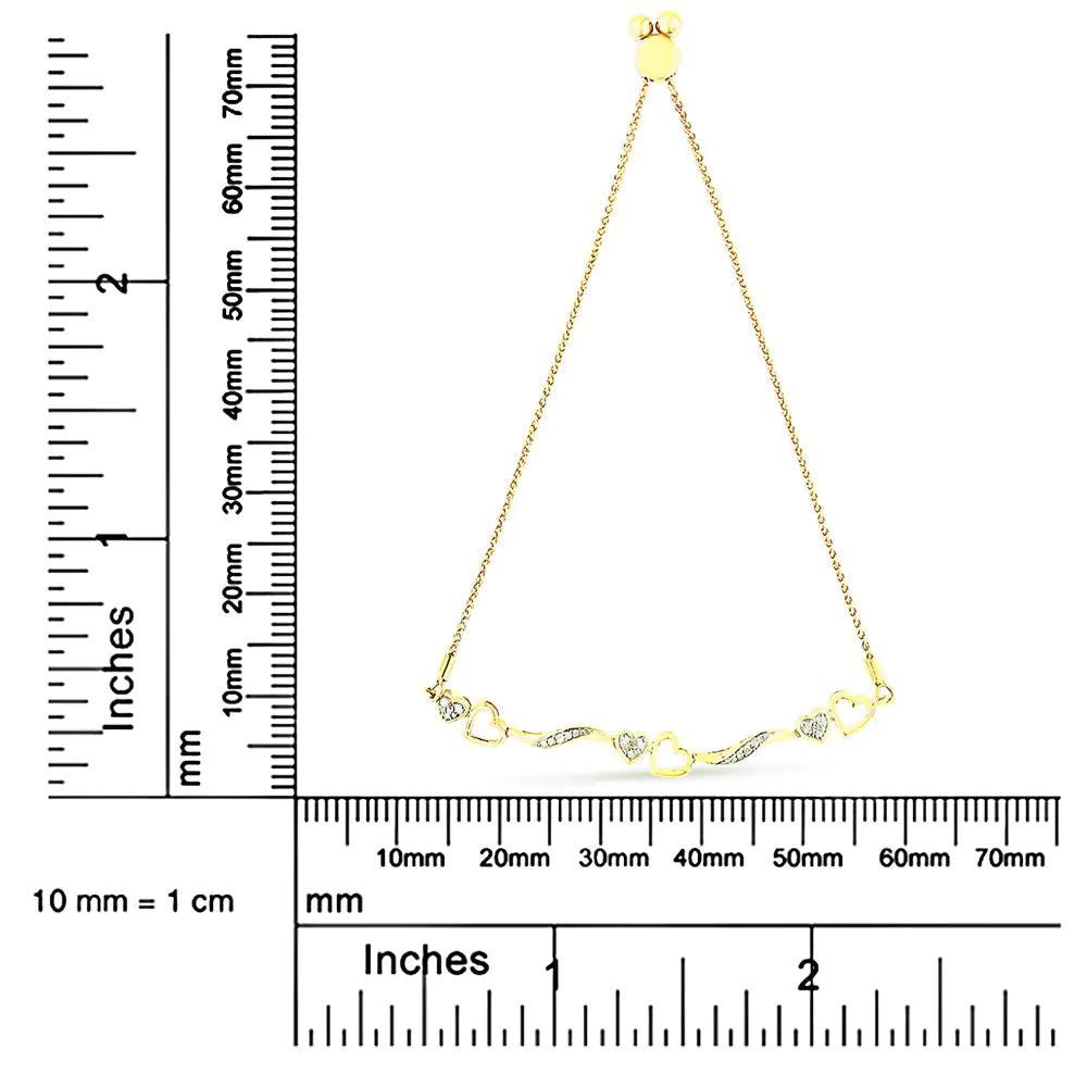 14K Yellow Gold Plated .925 Sterling Silver 1/10 Cttw Diamond Wave and Hearts 4”-10” Adjustable Bolo Bracelet (I-J Color, I3 Clarity)