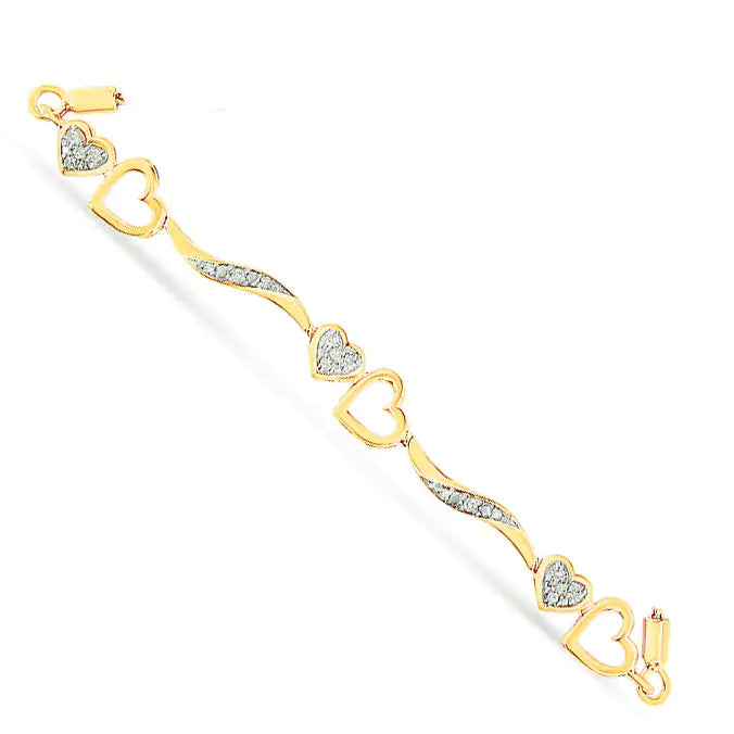 14K Yellow Gold Plated .925 Sterling Silver 1/10 Cttw Diamond Wave and Hearts 4”-10” Adjustable Bolo Bracelet (I-J Color, I3 Clarity)