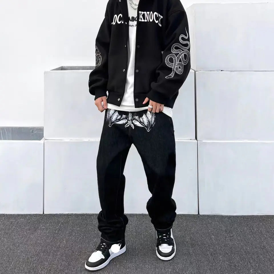 Y2K Cutting Edge Men Fashion Black Streetwear Casual Skull Straight