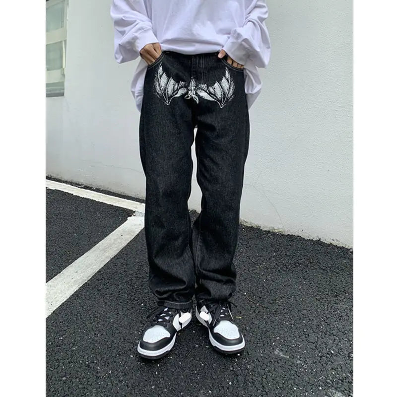 Y2K Cutting Edge Men Fashion Black Streetwear Casual Skull Straight