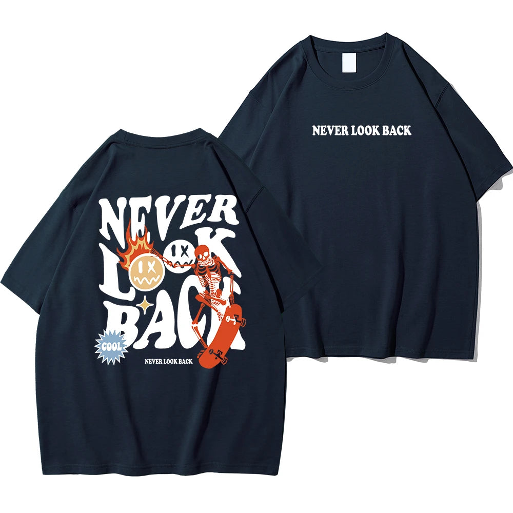 "Never Look Back: Trendy Skull Print Cartoon Tee - Stylish Cotton Crewneck for Men"